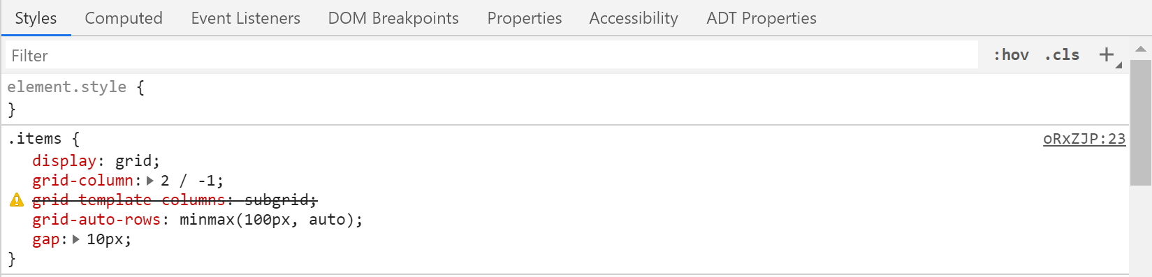 Imagen de las DevTools del navegador con la cuadrícula-plantilla-columnas: subcuadrícula tachada porque el valor de la subcuadrícula no es compatible.