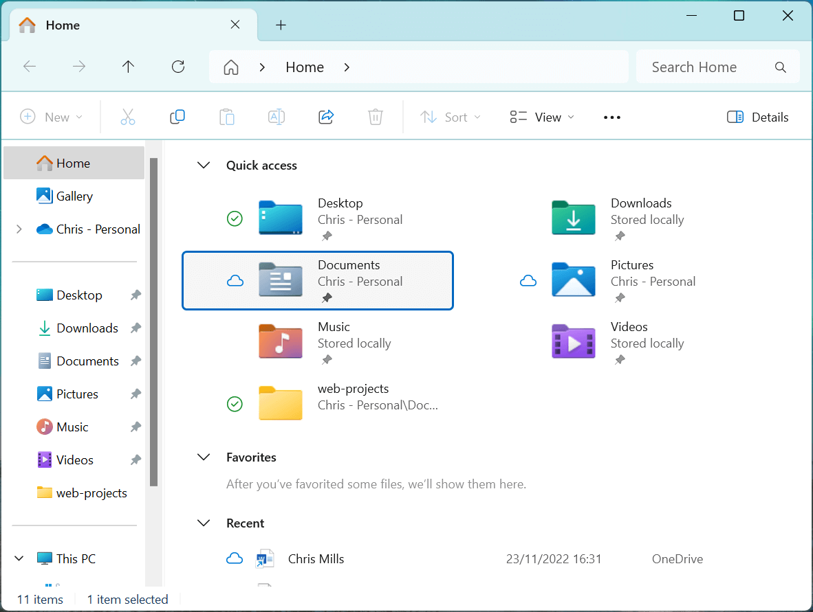 L'application Explorateur de fichiers de Windows, affichant le contenu d'un dossier Personnel typique