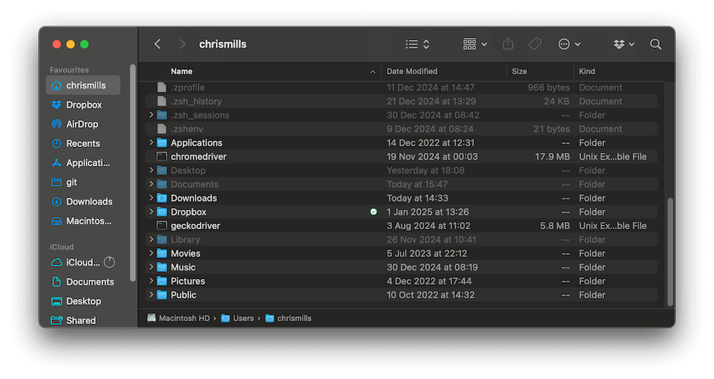 L'application Finder de macOS, affichant le contenu d'un dossier Personnel typique