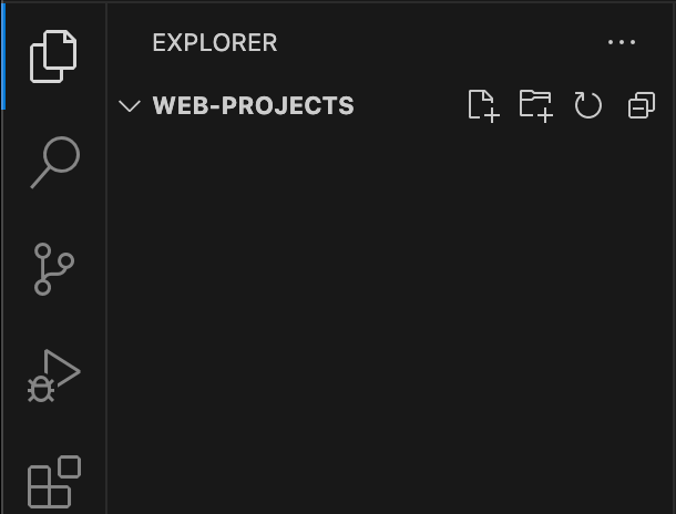 Le panneau Explorer de VSCode, affichant un dossier vide nommé projets-web