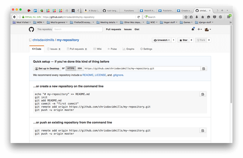 Die Repository-Seite ist im Browser geöffnet, unter der GitHub-Kopfzeile bestehend aus Suchleiste und Navigationslinks zu den Pull-Anfragen, Problemen und Gist des Repositorys. Neben den Navigationslinks eine Glockenbenachrichtigung und ein Link zu Ihrem Konto. Darunter der Name des Repository-Besitzers gefolgt von einem Schrägstrich mit dem Repository-Namen. Darunter eine horizontale Navigationsleiste mit verschiedenen Tabs, die sich auf Ihr Repository beziehen, der Code-Tab ist ausgewählt und zeigt eine Dokumentation, die erklärt, wie man ein Repository erstellt oder wie man über die Befehlszeile pusht.
