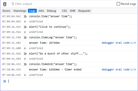 Ausgabe des Timers in der Firefox-Konsole
