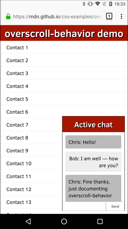 Ein Popup-Chatfenster mit dem Titel 'Aktiver Chat', das ein Gespräch zwischen Chris und Bob zeigt. Hinter dem Chatfenster befindet sich eine Kontaktliste mit dem Titel 'overscroll-behavior Demo'.