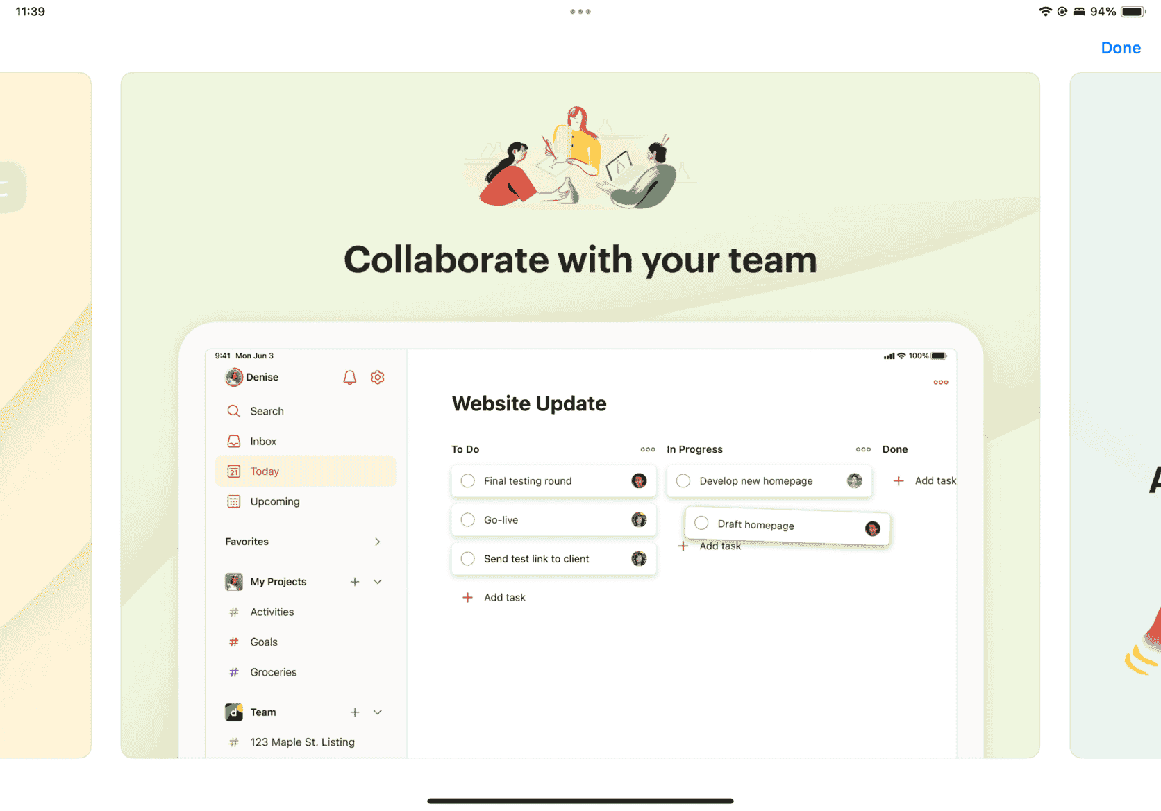 Todoist-App-Eintrag auf dem iPad zeigt mehrere Screenshots in einer breiten Galerieansicht